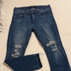 Express Women's Dark Blue Ripped Skinny Jeans